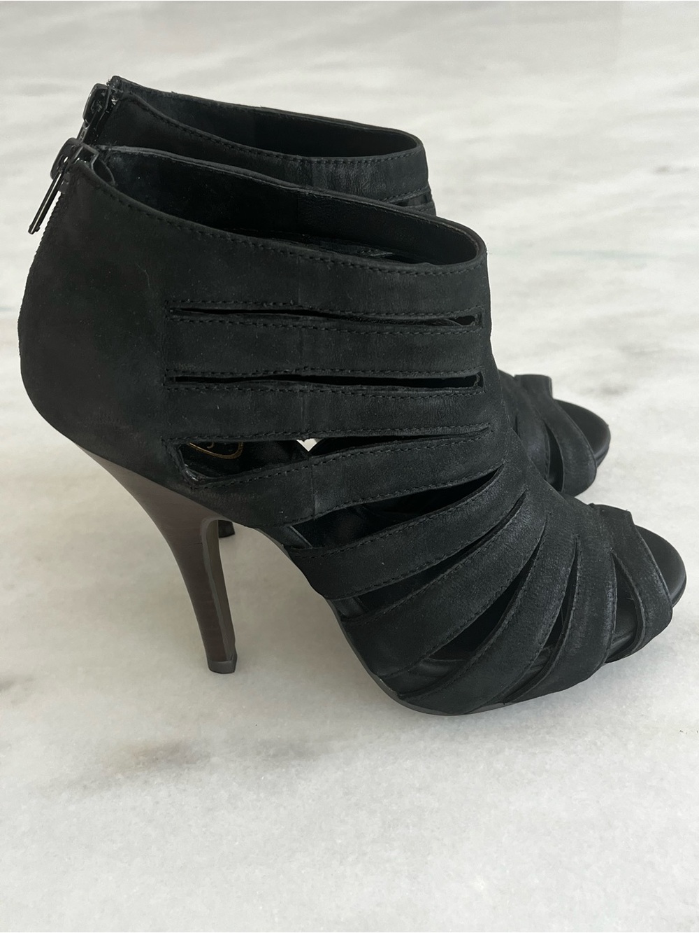 Ash Black Nubuck Suede Caged Peep Toe Stiletto Heels Booties Size 7/EU 37